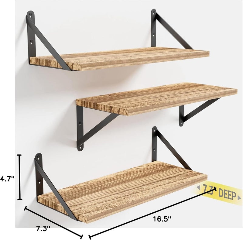 COCOYA Wall Shelves 7.3" Deep Set of 3, Solid Paulownia Wood Wider Longer Sturdy Easy to Install Wall Mounted Bookshelves Storage Shelves Bathroom Home Office Laundry Room Bedroom Organizer - Image 3